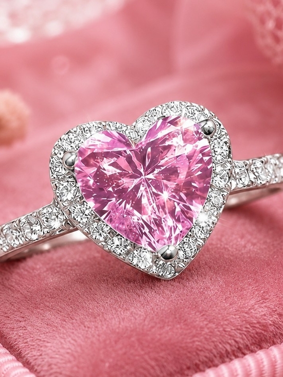 Jewelry - Heart Halo Pink Crystal Ring - Women's Silver Tone Jewelry